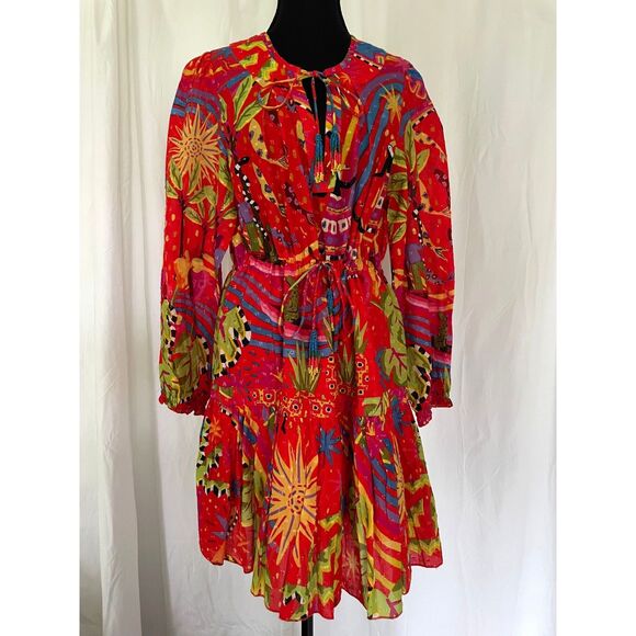 Farm Rio Women Size S Red Magic Forest Tropical Cotton Dress Boho Flowy Whimsy - Picture 2 of 6